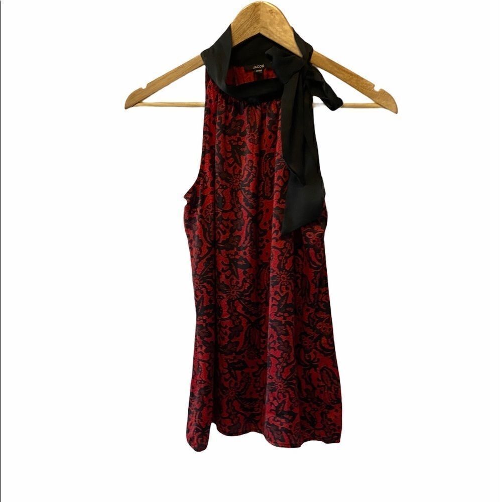 JACOB Red & Black Lace Print High Neck Top XS